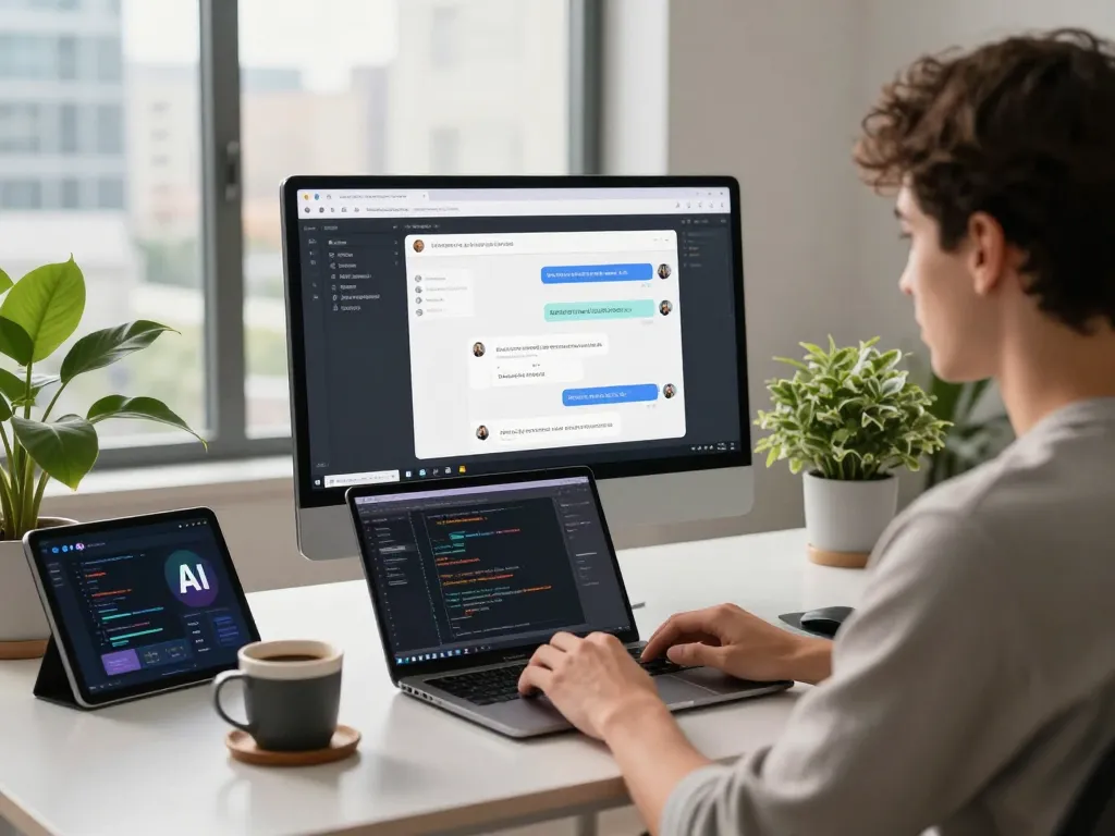 Engaging user interacting with spicy AI chatbot in modern home office setting.