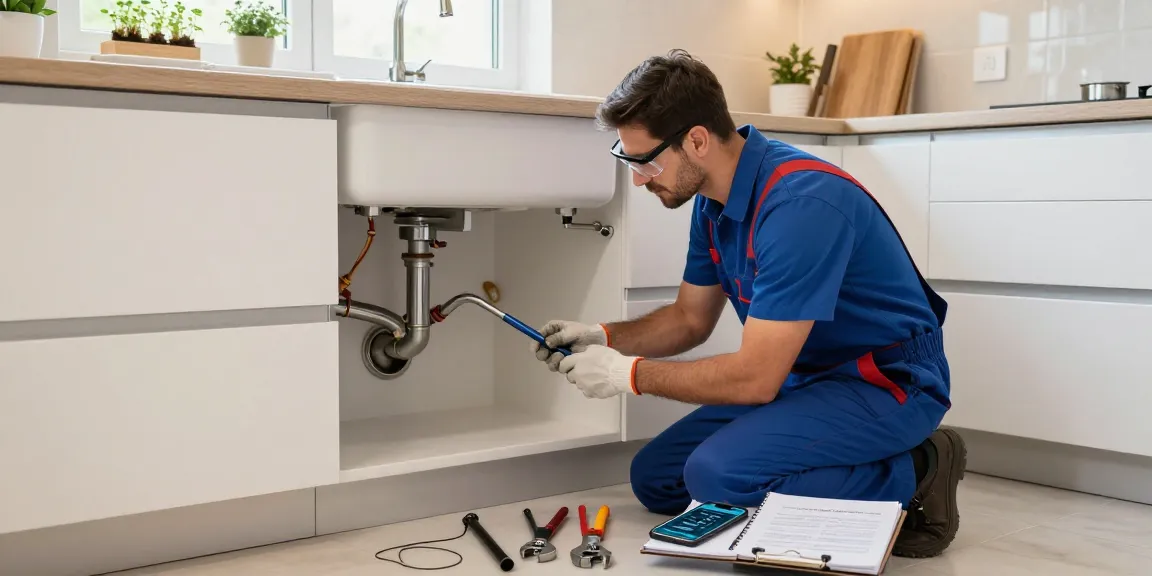 Blocked drains London plumbing expert inspecting a residential kitchen sink with tools for effective repair.