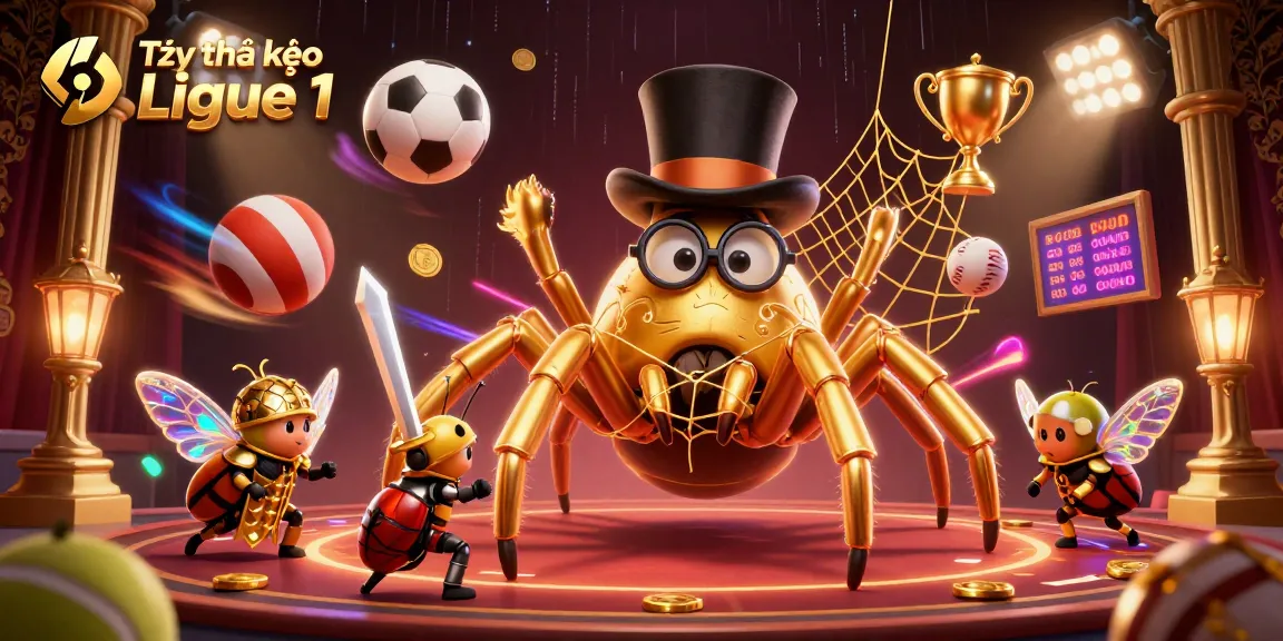 Tỷ lệ kèo Ligue 1 analysis shows a colorful 3D illustration of casino characters betting amidst dynamic sports elements.