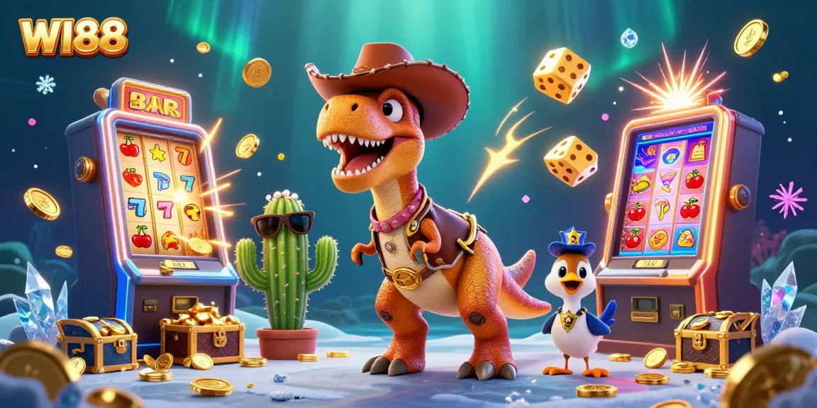Experience the thrill of WI88 with a vibrant 3D scene featuring casino games and playful characters.