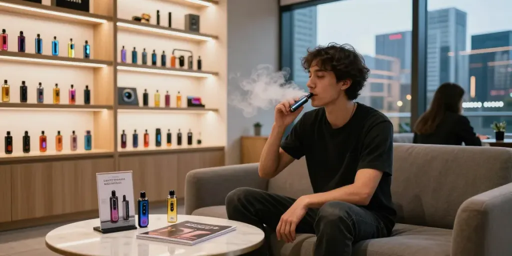 Vaping scene illustrating if are vapes banned in the uk, featuring a person using a stylish vape in a modern lounge.