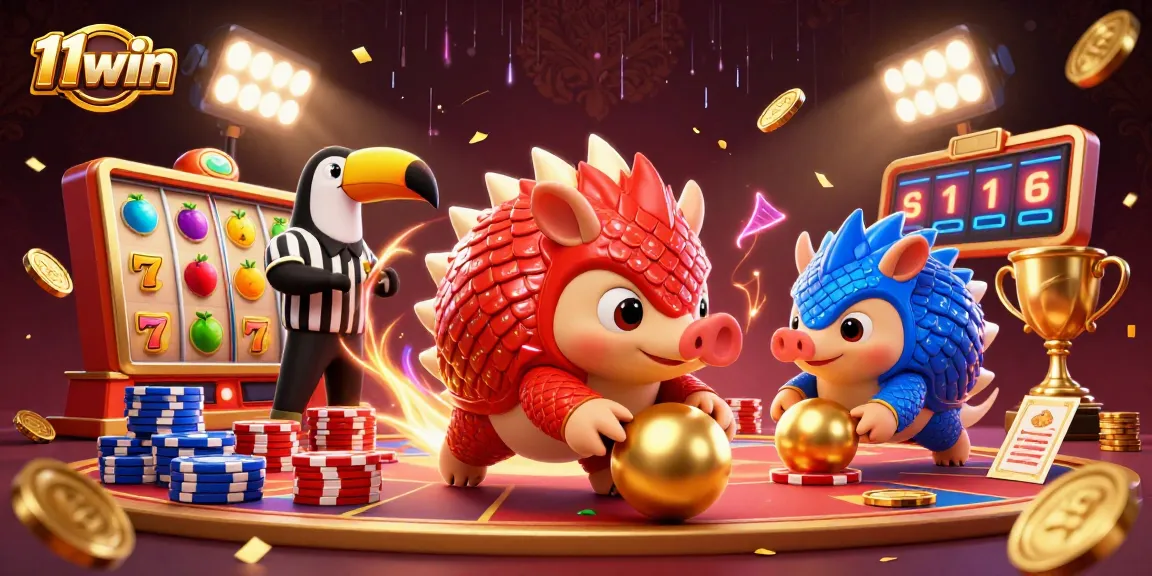 Engage with the thrill of casino gaming at 11win with vibrant pangolins, slot machines, and golden prizes.