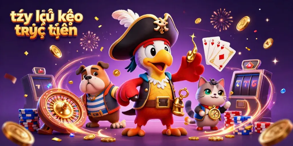Engaging scene showcasing tỷ lệ kèo trực tuyến with animated characters in a casino environment surrounded by coins, cards, and festive confetti.