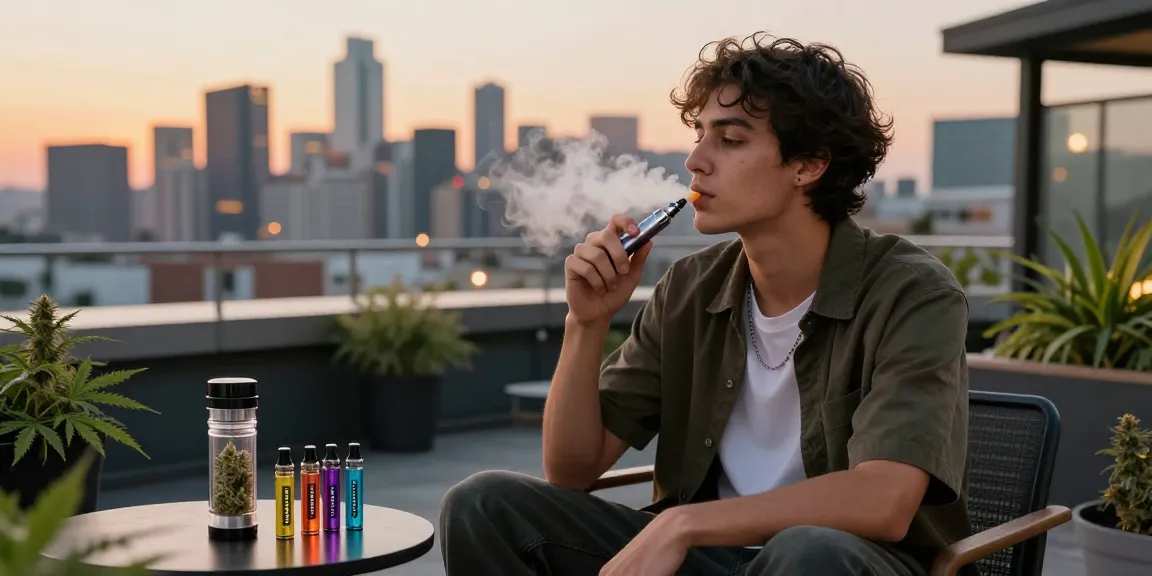 Modern urban rooftop scene with stylish young adult enjoying a THC vape surrounded by accessories and city skyline