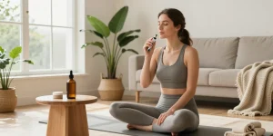 Strong THC vapes UK in a serene wellness space featuring CBD oil, natural plants, and relaxation elements.