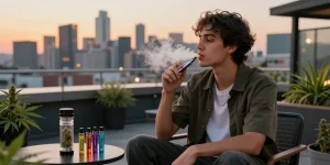 Modern urban rooftop scene with stylish young adult enjoying a THC vape surrounded by accessories and city skyline