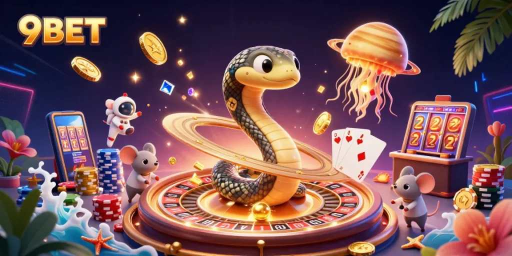 Play exciting games at 9BET while astronaut mice place bets with vibrant cosmic themes.