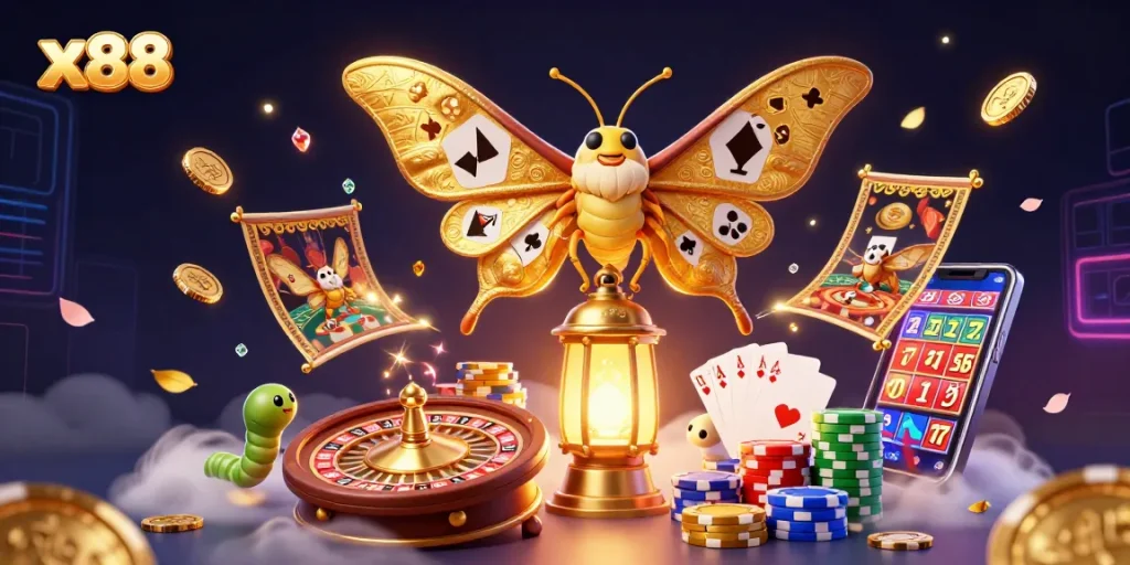 X88 players spinning the roulette wheel amidst golden coins and luxurious casino elements.