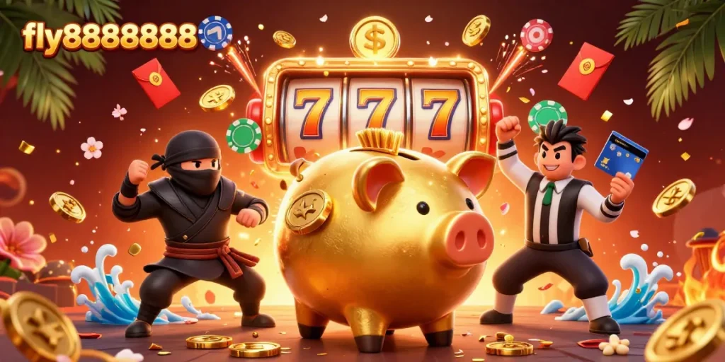 Engage with fly88888888 in a vibrant slot gaming scene featuring a sumo wrestler, ninja, and samurai.