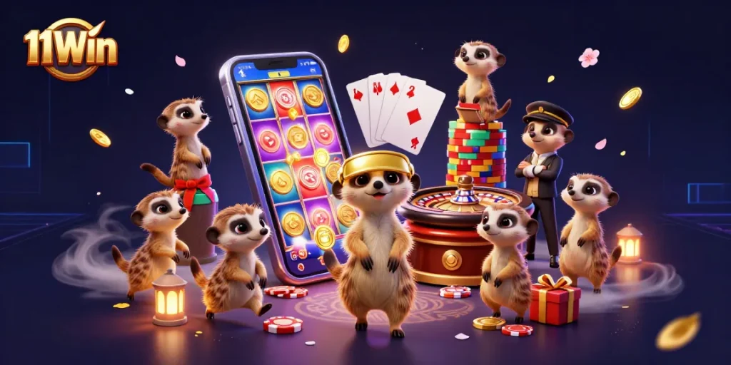 Experience the excitement of 11Win with meerkats running a vibrant casino scene full of games and action.