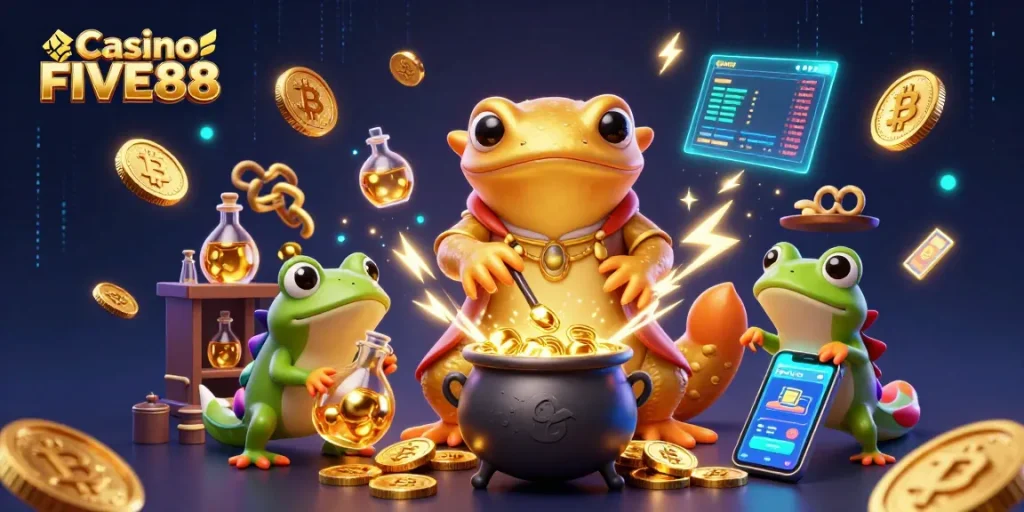 Engage with Casino FIVE88 through a magical 3D illustration featuring alchemists creating gold coins.
