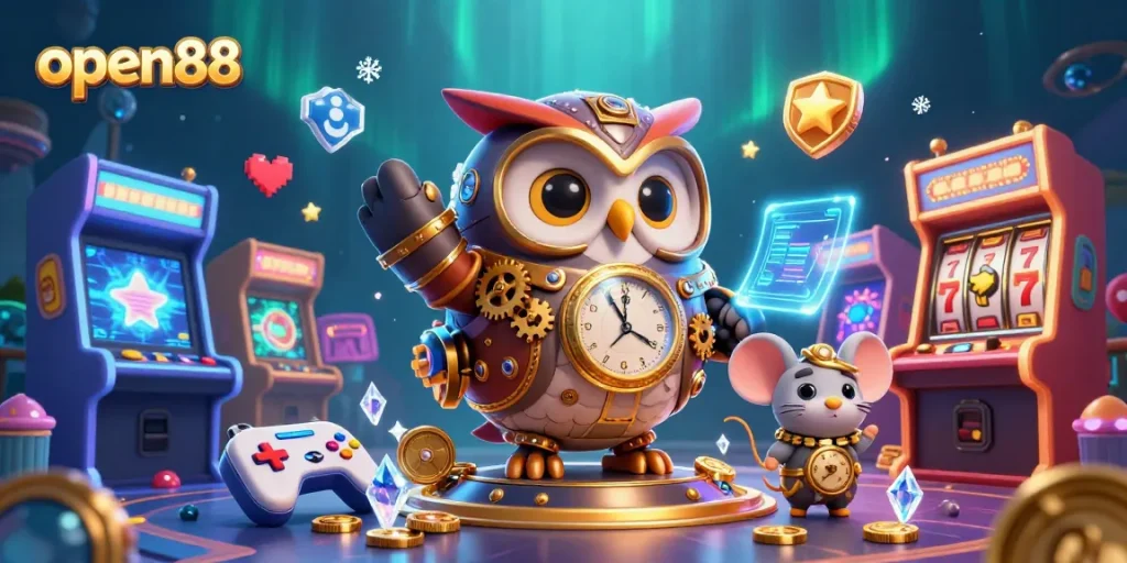 Engage in thrilling games at open88 with a cartoon owl and mouse in a vibrant casino scene.