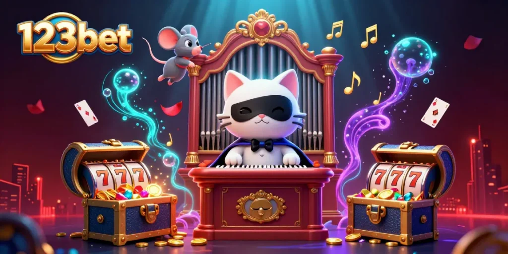 Engage with 123bet's immersive casino experience featuring a whimsical cat and acrobat.