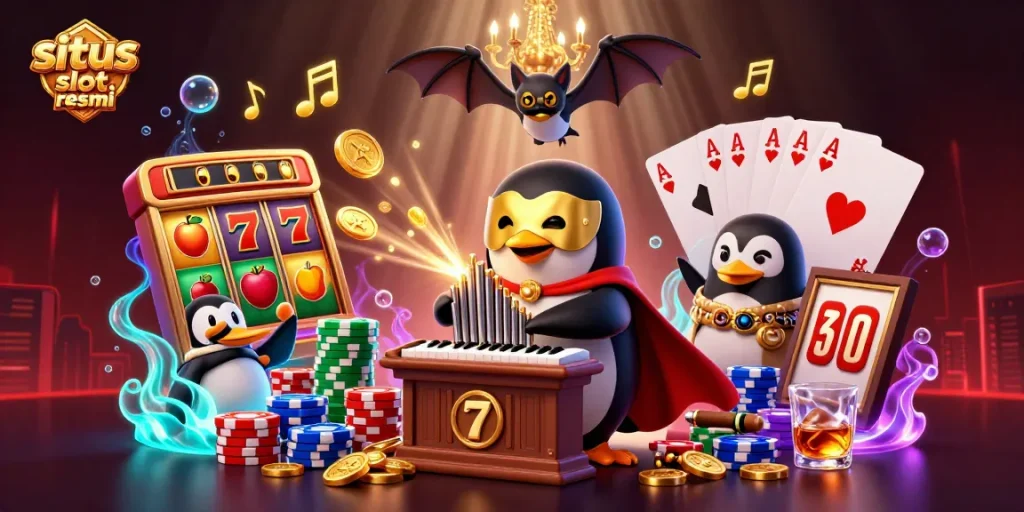 Experience thrilling gameplay at situs slot resmi with a dynamic scene featuring a cartoon penguin surrounded by slot reels and golden coins.