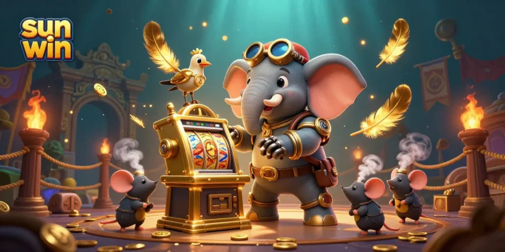 Engage in thrilling wins at sun win's golden slot machine with steampunk characters.
