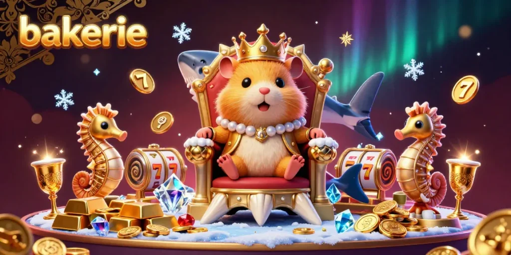 Experience the excitement at bakerie with a golden hamster king among vibrant casino treasures.