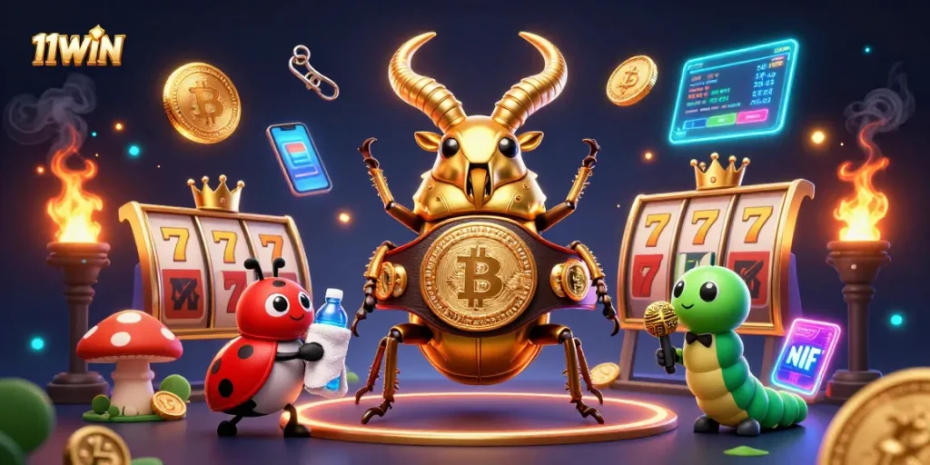Engage with thrilling slots action and victory featuring 11WIN in a vibrant 3D casino illustration.
