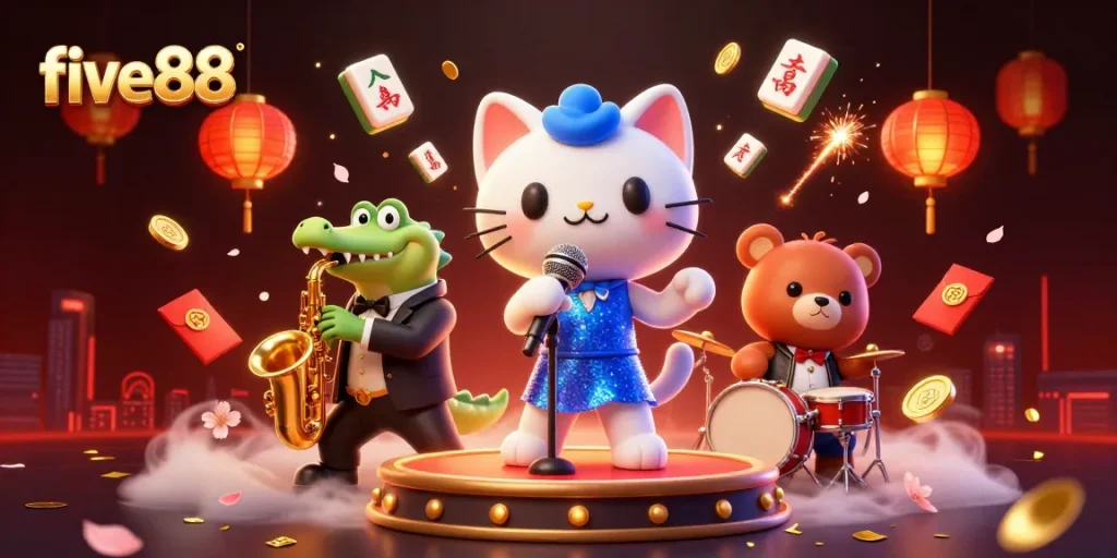 Engage with five88 in a vibrant casino scene featuring animated characters and dynamic gaming elements.