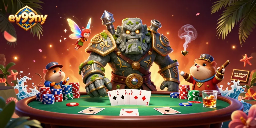 Experience excitement with ev99ny, a vibrant casino scene featuring a magical stone golem, fairy, and hamster knight.