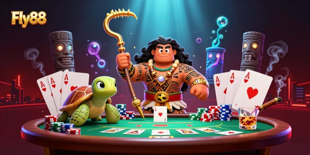 Engage with Fly88's vibrant casino scene featuring a Polynesian demigod and poker elements.