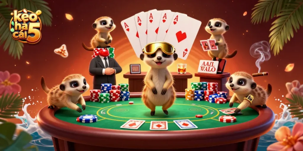 Engaging scene of a meerkat colony managing a vibrant kèo nhà cái 5 betting operation with colorful chips.