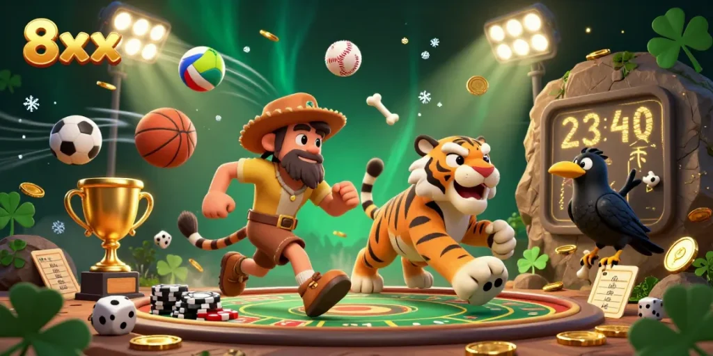 Experience the excitement of 8xx with a vibrant prehistoric casino scene featuring dynamic games and lively characters.