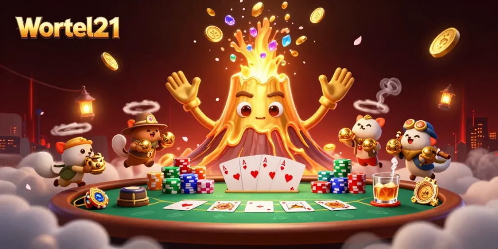 Wortel21 showcases a stunning casino-themed illustration with a volcano erupting treasures amidst poker chips.