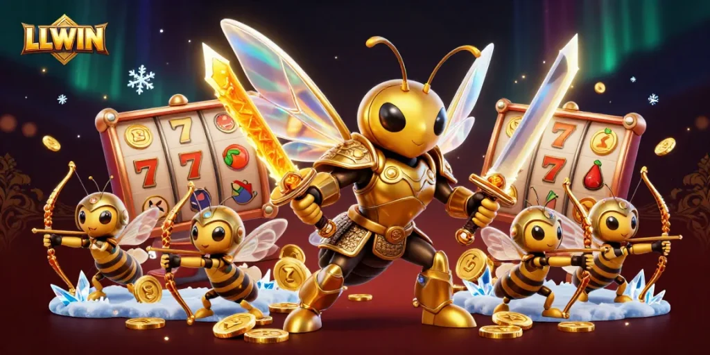 Experience the excitement of LLWIN's dynamic casino atmosphere with vibrant characters and slot symbols.