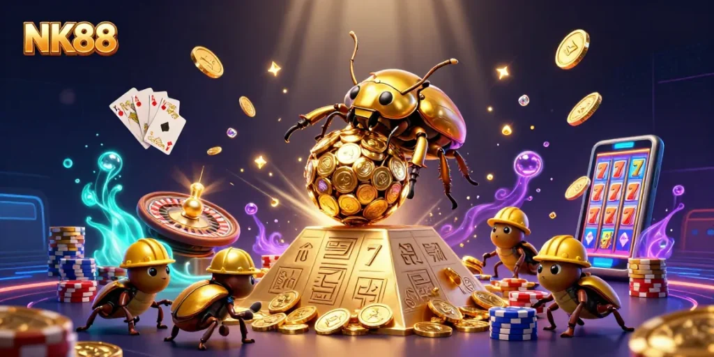 Engage with NK88's thrilling casino experience as a giant dung beetle rolls golden coins, surrounded by vibrant casino elements.
