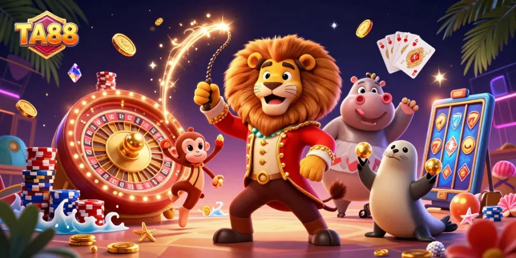 Engage with TA88's exciting betting action featuring lively circus characters and casino elements.