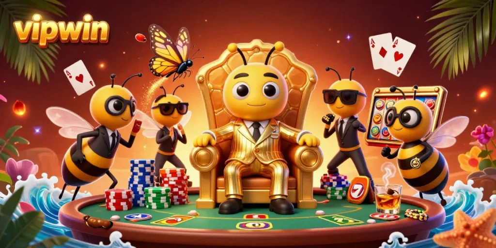 Engage in thrilling gaming strategies with vipwin featuring a whimsical mob boss in a colorful casino environment.