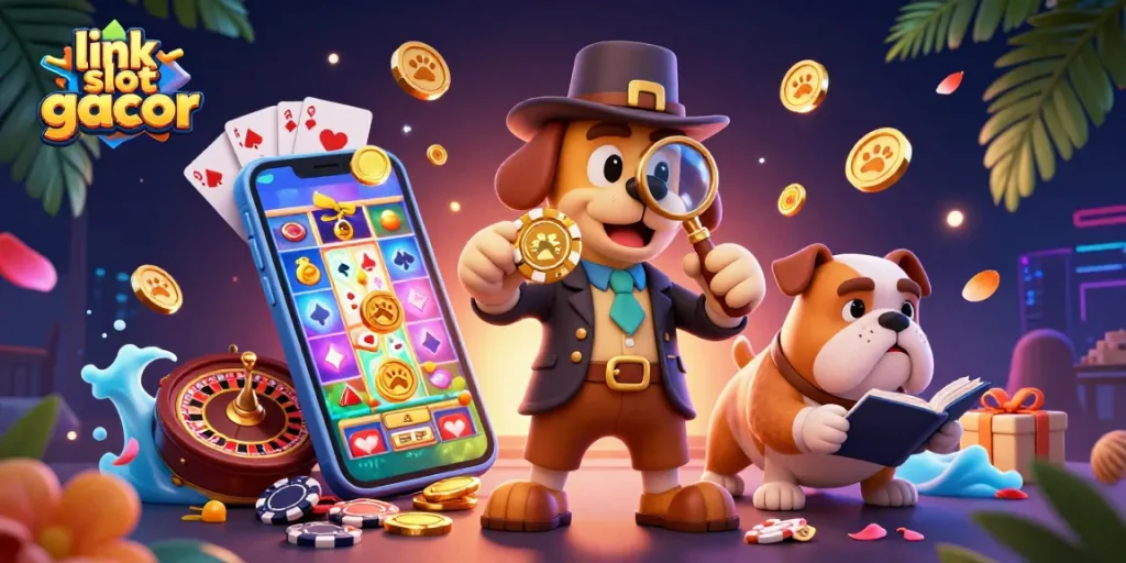 Spin the reels with link slot gacor as the detective uncovers treasure clues in a vibrant 3D casino scene.