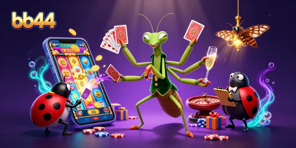 Engage with bb44's vibrant casino world featuring a giant mantis dealer, ladybug pit boss, and dynamic gambling elements.