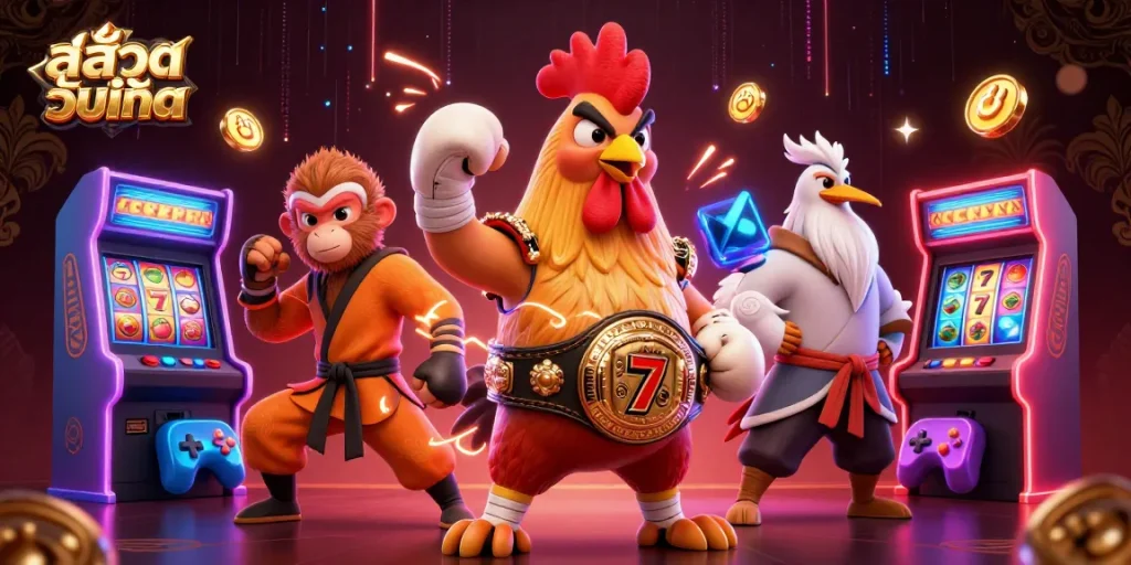 Experience exciting สล็อตอัพเดท action with vibrant slot reels, dynamic characters, and colorful gaming elements.