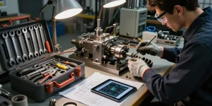 Technician using Stahlwille tools in a professional workshop setting, surrounded by industrial equipment and detailed blueprints.