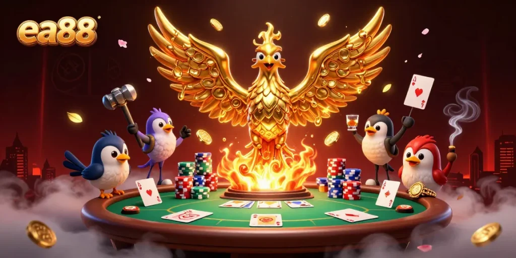 Experience the thrilling action of ea88 gaming with a golden phoenix and poker elements.