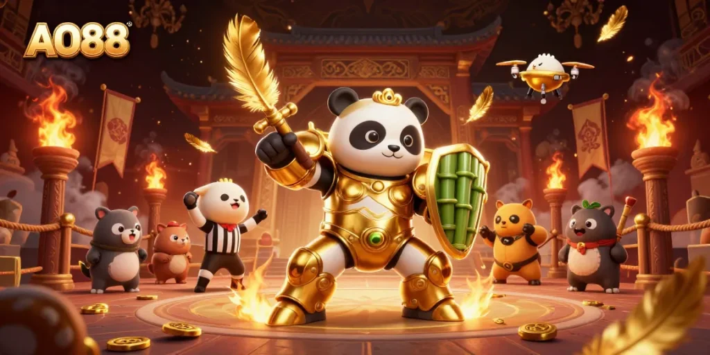 AO88 showcases a vibrant 3D illustration of a golden panda in mech-suit battling in a dynamic arena.