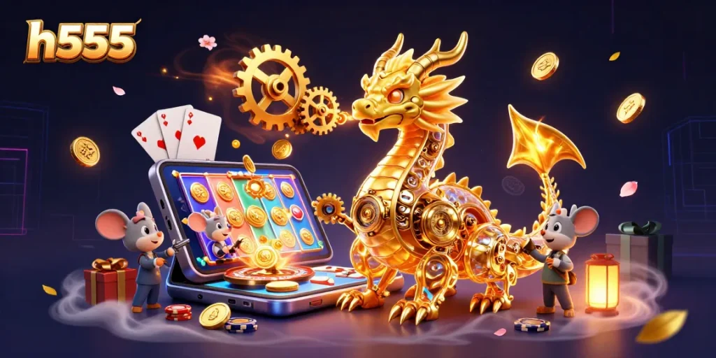 Experience h555 with a golden dragon and mouse engineer amidst dynamic casino elements.