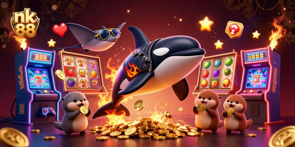 Engage with nk 88 while experiencing vibrant slot reels and playful sea creatures in this exciting casino scene.