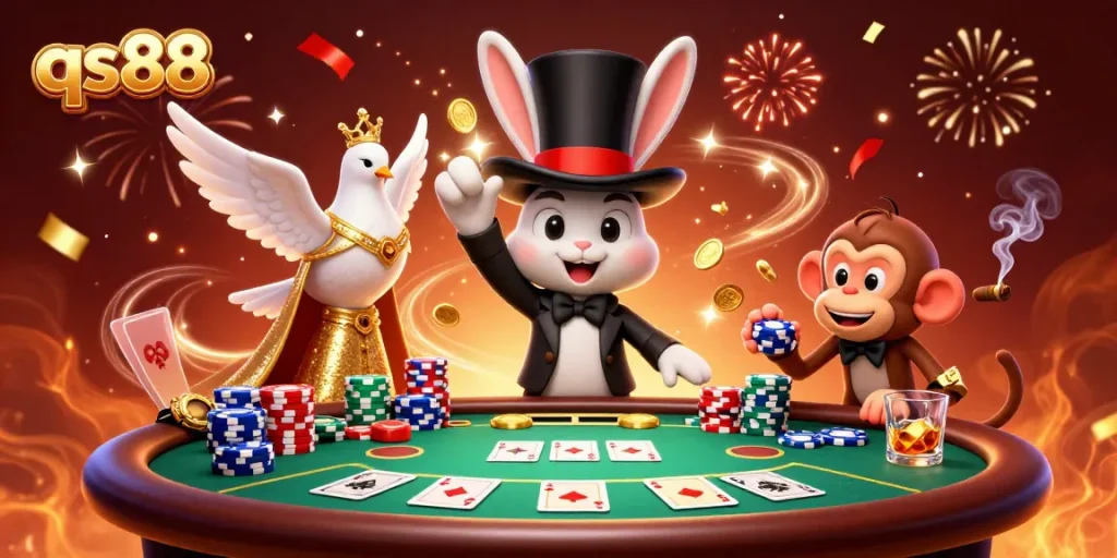 Experience thrilling wins at qs88, featuring a dynamic scene of a magician rabbit enchanting players with poker chips and golden coins.
