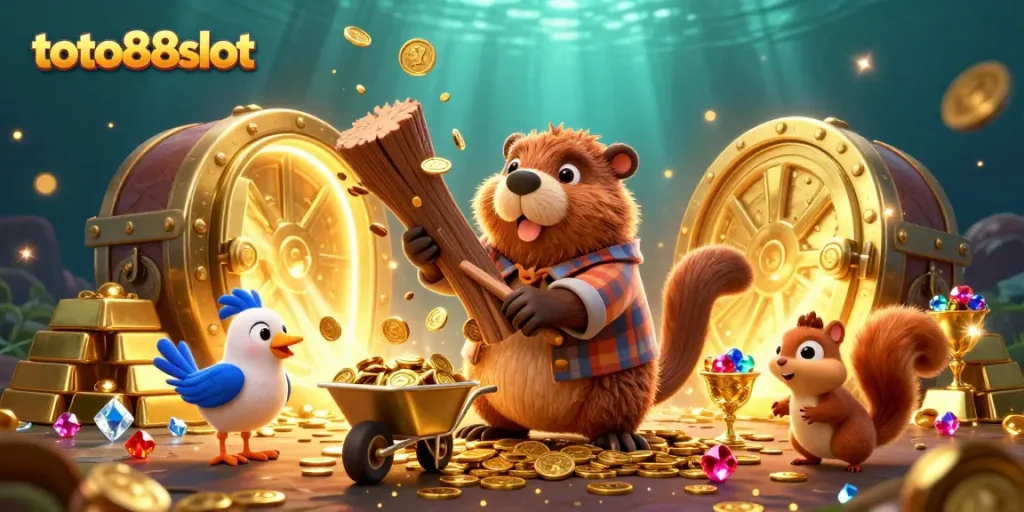Play at toto88slot with 3D cartoon characters collecting golden coins in a vibrant casino scene.