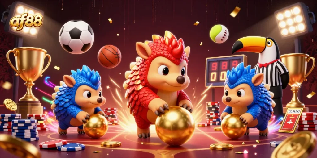 Experience excitement at af88 as rival pangolins compete amid vibrant casino elements.