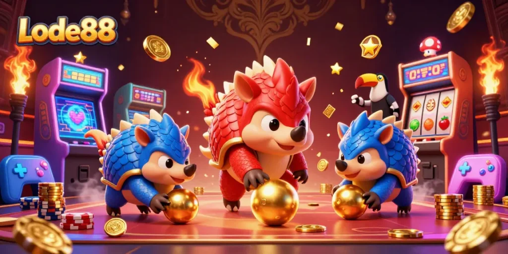 Lode88 pangolins compete in a vibrant casino scene, emphasizing exhilarating gameplay and excitement.