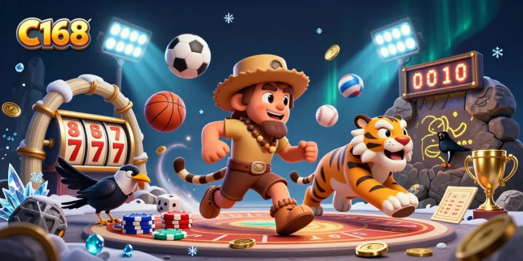 C168 players enjoying thrilling slot machines and dynamic sports betting in a vibrant casino scene.