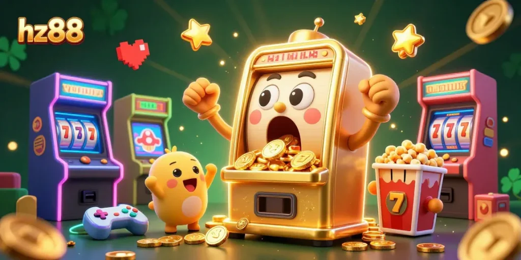 Experience profitable wins at hz88 with a lively cartoon scene of a golden slot machine jackpot.