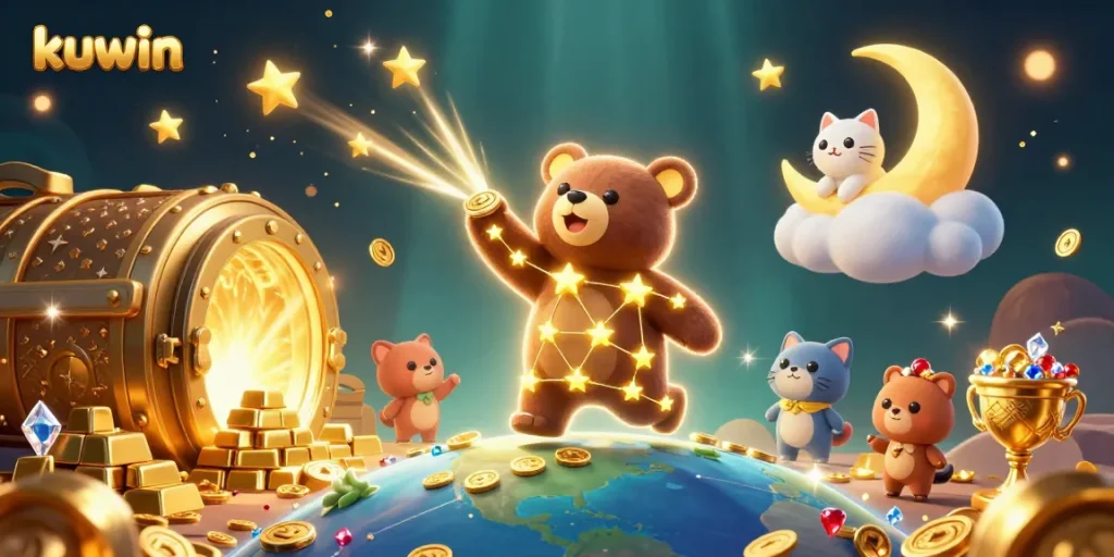 kuwin's vibrant 3D scene showcases a constellation bear scooping coins amidst floating treasures and shooting star fish.