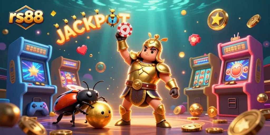 Experience exciting gaming action with rs88 as a cartoon beetle lifts a chip in victory.