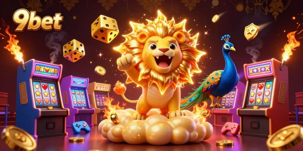 Engage with 9bet through this vibrant 3D illustration showcasing casino-themed characters and elements.