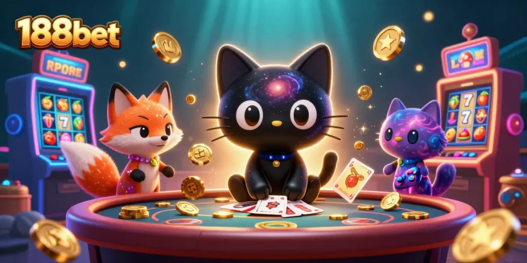 Experience excitement at 188bet with a cosmic casino scene featuring captivating characters and slot machines.