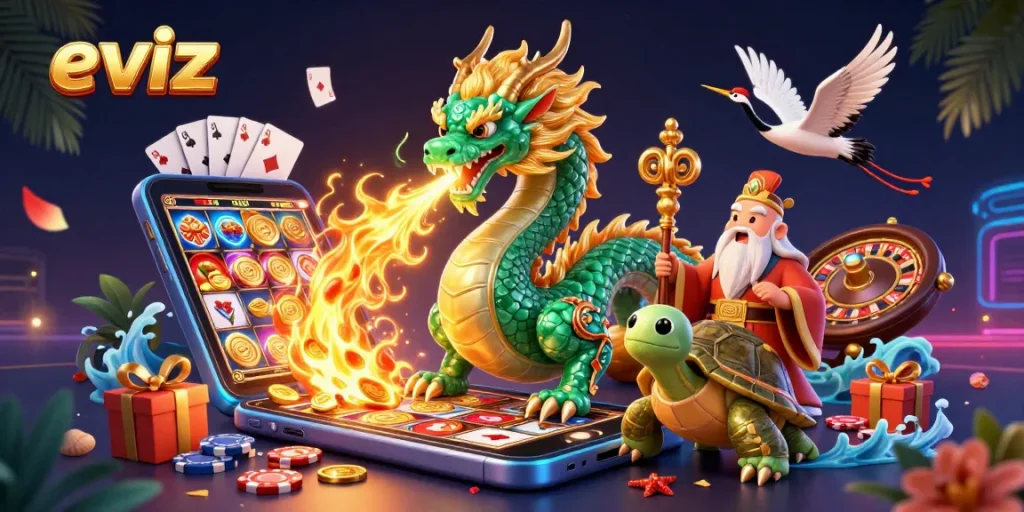 Immerse in eviz-inspired gameplay with a vibrant 3D illustration showcasing lively casino features.
